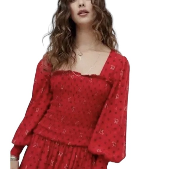 Free People Two Faces Dress Size M Red Floral Elastic Bodice Long Sleeve - Picture 1 of 13